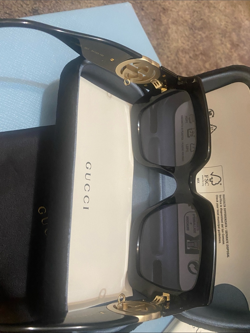 Gucci Black Rectangular Sunglasses with Gold GG Accents - Picture 7 of 11